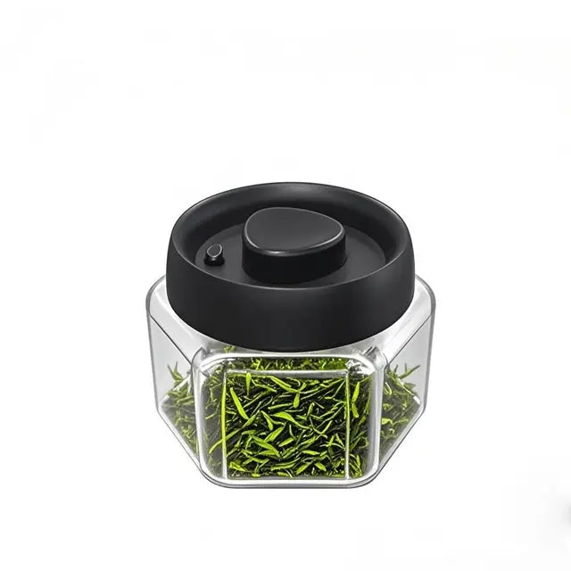 Glass Hexagonal Vacuum Canister Airtight Storage Jar for Coffee, Tea, Spices, and Dry Goods