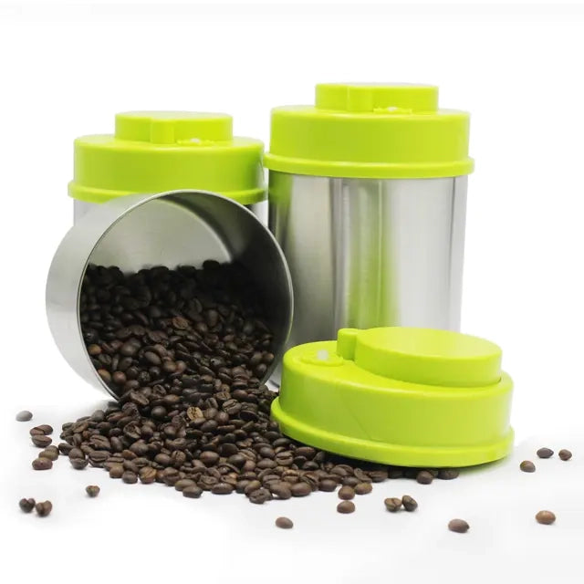 Custom Green Airtight Storage Jar Stainless Steel Coffee Container Vacuum Sealer Container with Pump